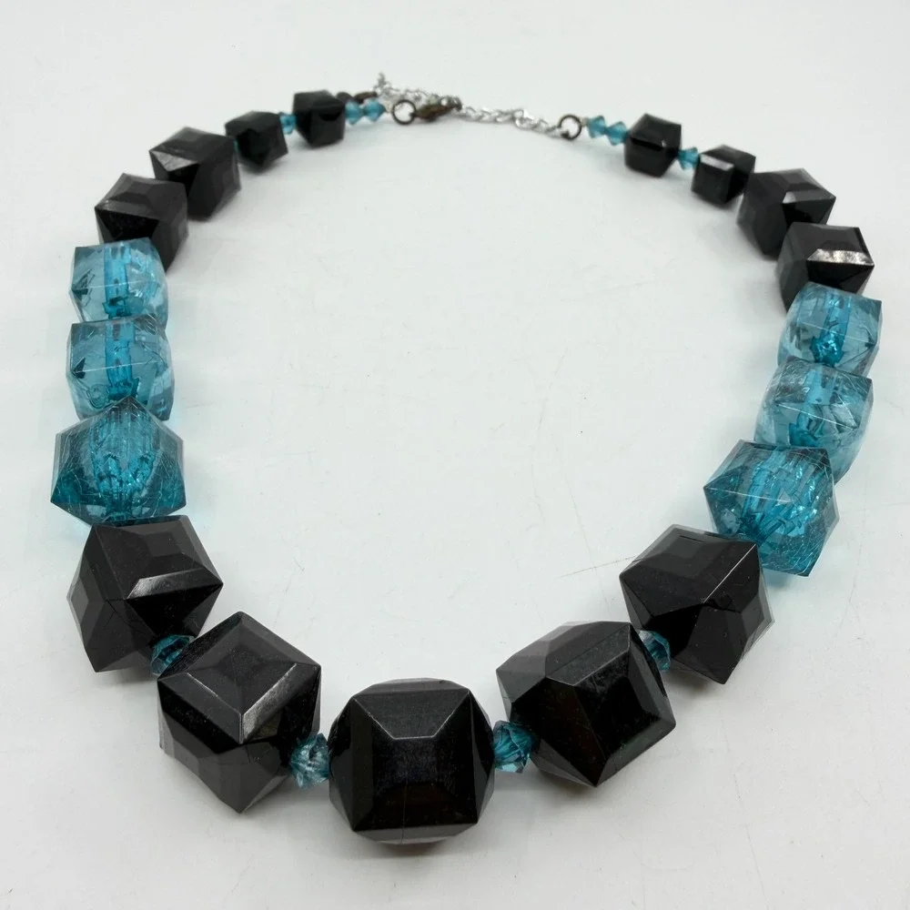Black Aqua Blue Faceted Cube Bead Necklace Chunky Geometric Statement Jewelry